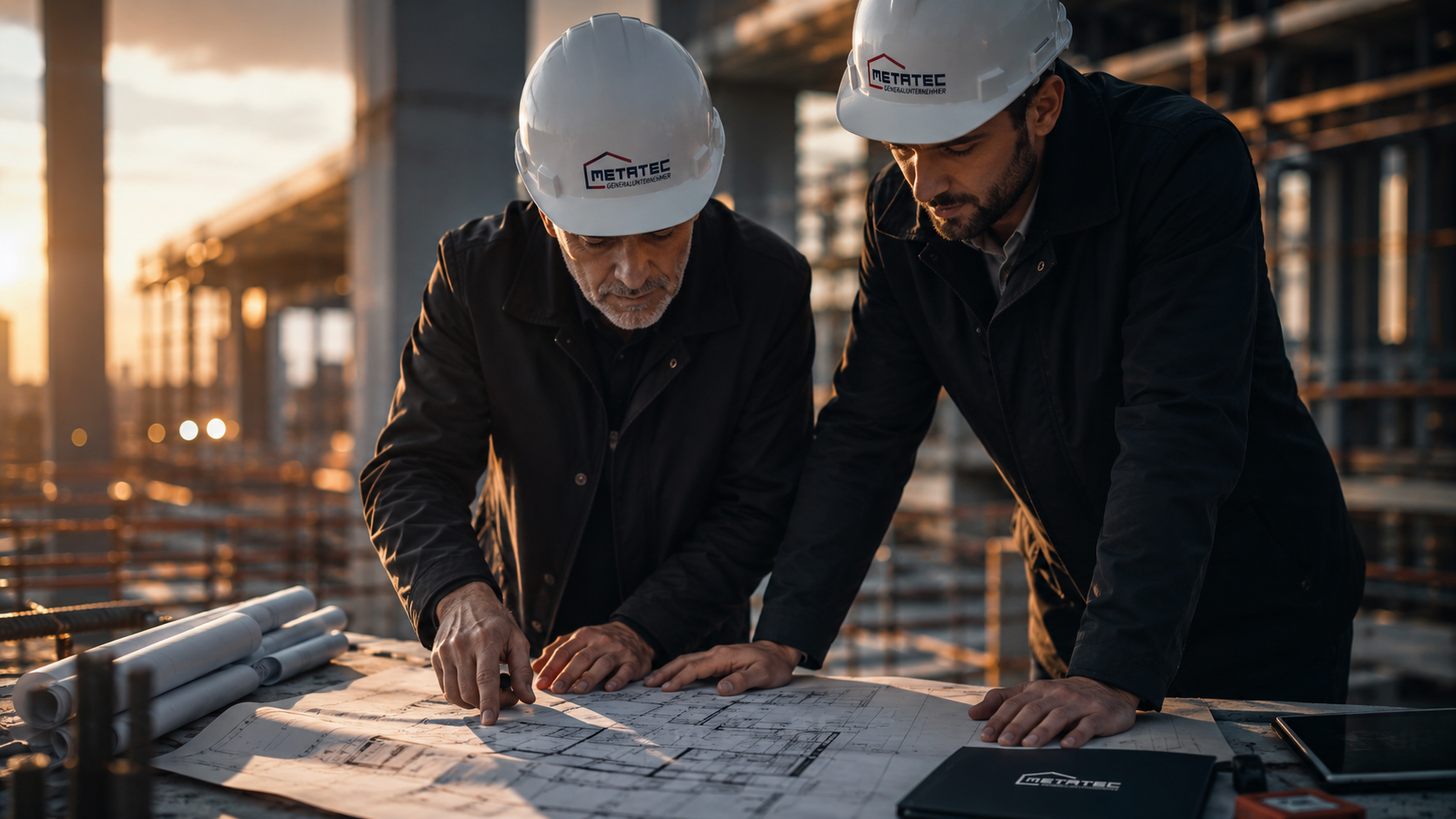 Bauingenieure prüfen Baupläne auf der Baustelle